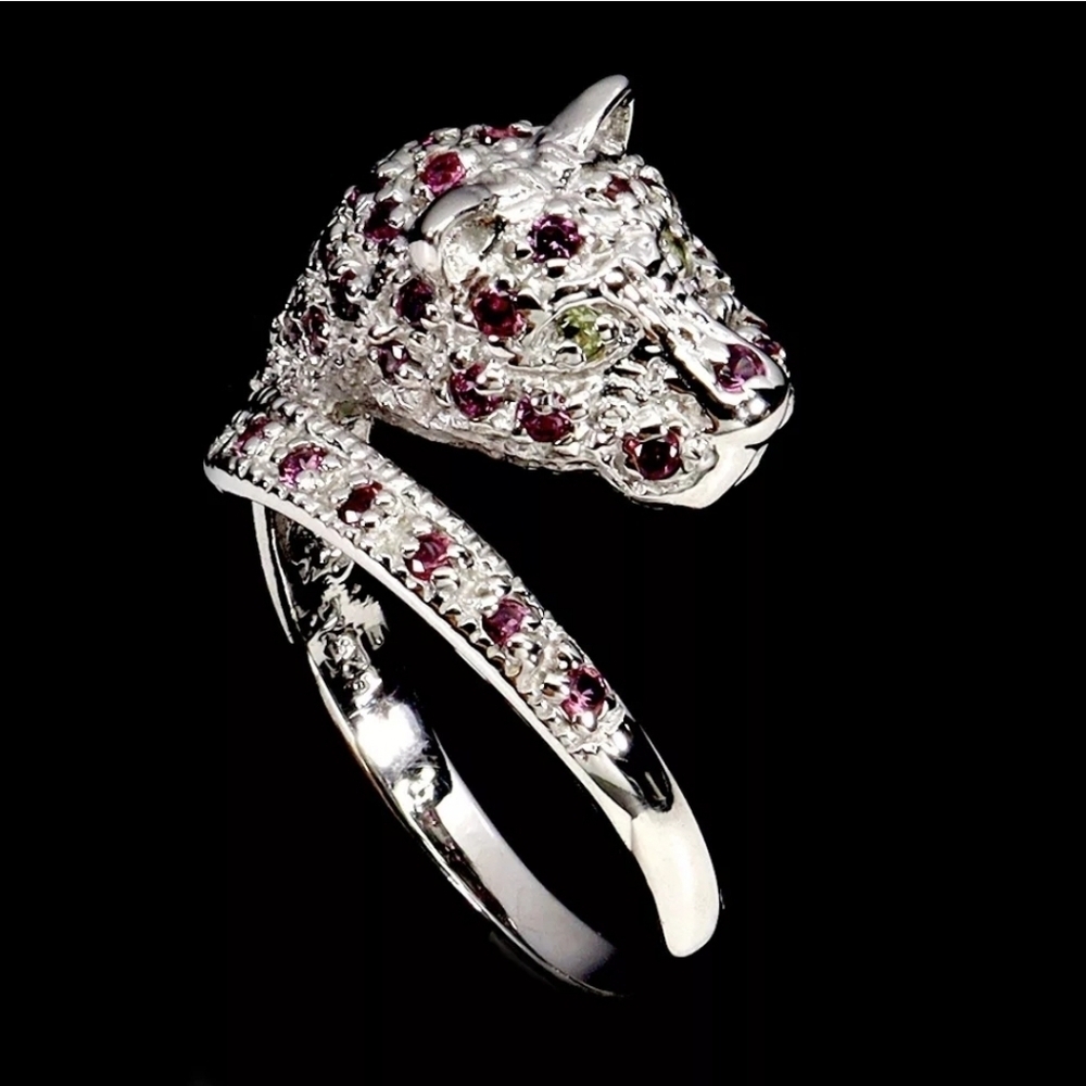 925 Sterling Silver White Gold Tiger Ring Rhodolite Peridot Gemstone Size 8